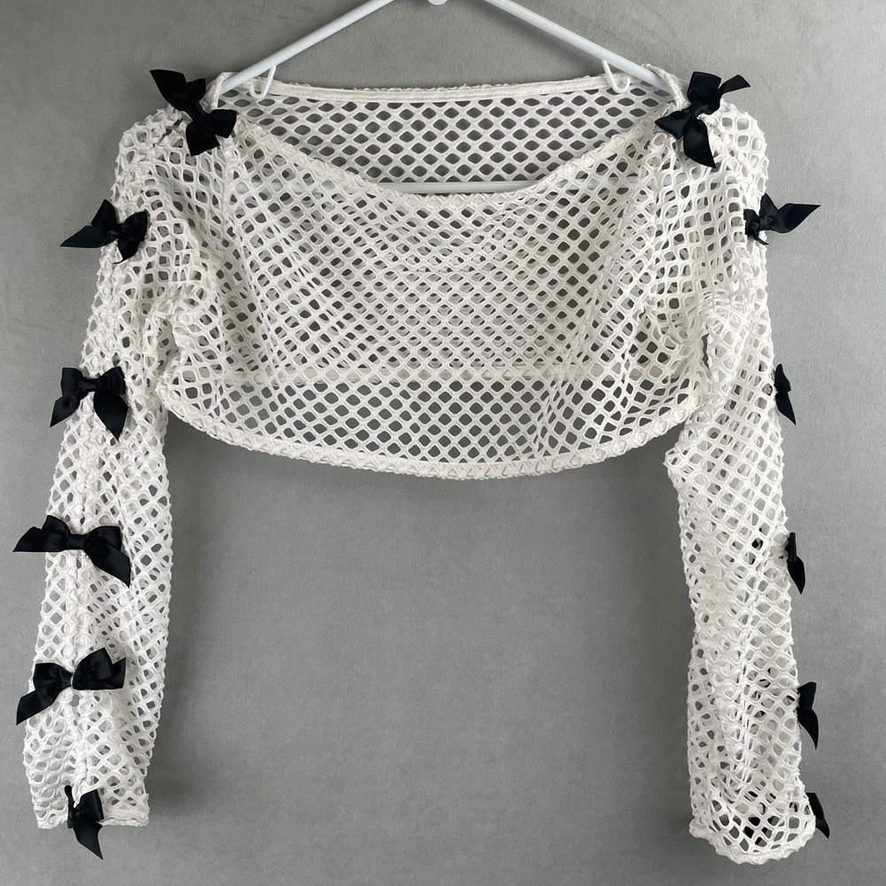 White Fishnet Mesh Cropped Shrug Bolero with Black Satin Bows Long Sleeve Rave S